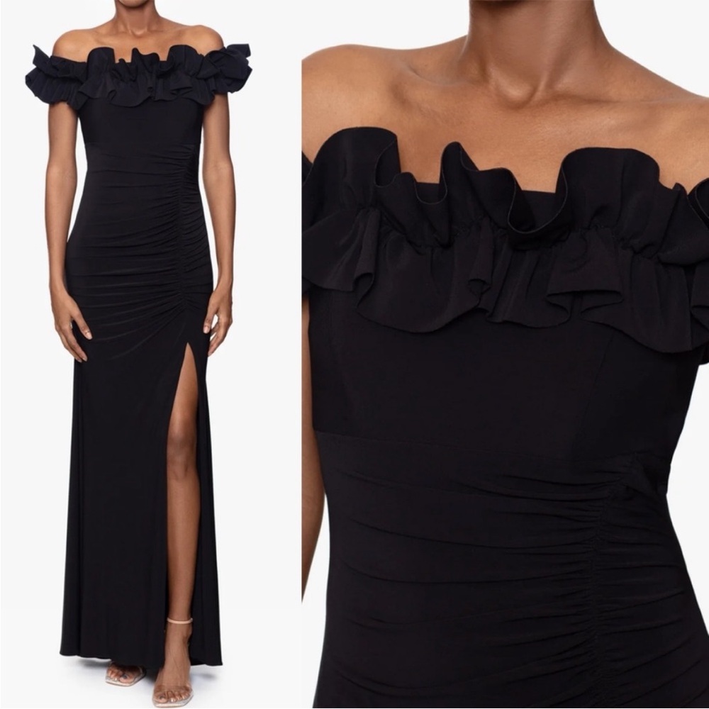 XSCAPE Evenings Petite Ruthie Jersey Strapless Off Shoulder Ruffle Dress Size 12